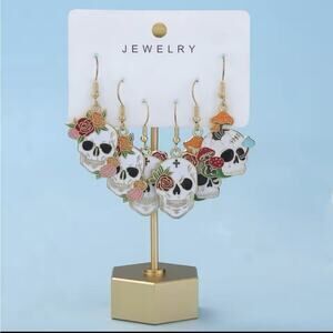 New - 3 Pairs of Flower Skull Dangle Earrings